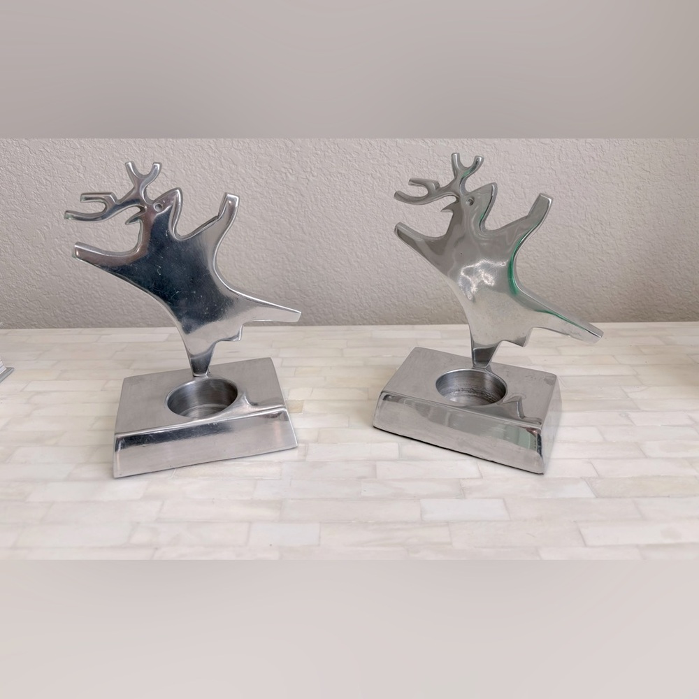 Crate And & Barrel Dancing Reindeer Candle Holder Tea‎ light Set Decor 6"